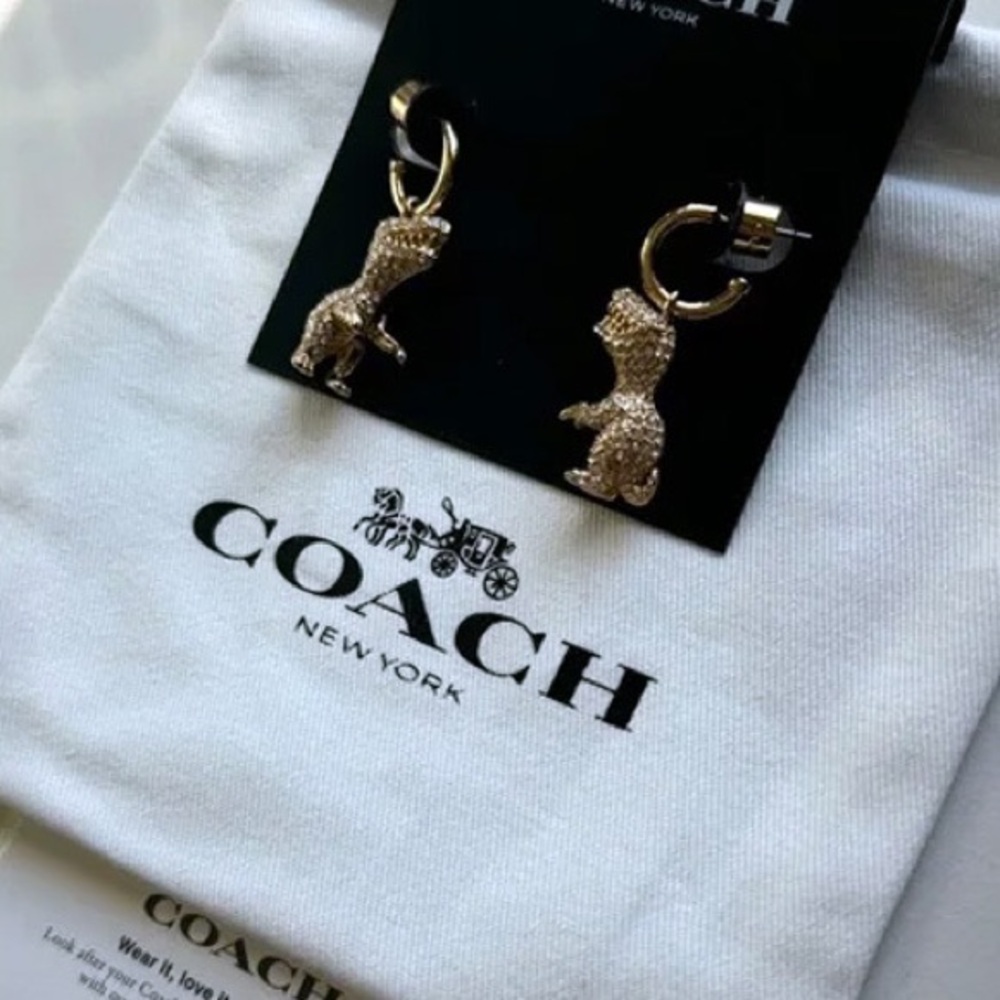 Coach 𝐍𝐖𝐓 Signature Pavé Rexy T-Rex Charm Huggie Earrings NEW - Picture 4 of 10